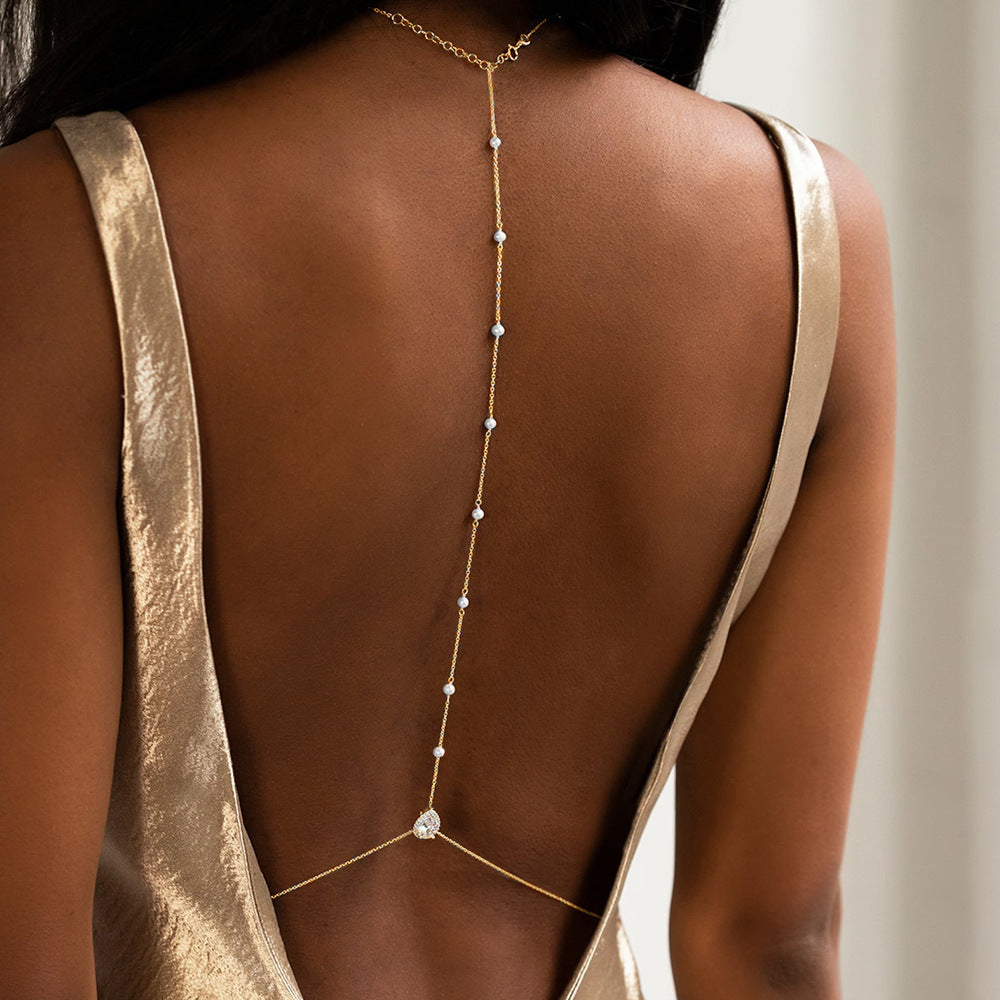 Long Pearl Tassel Backless Evening Body Chain
