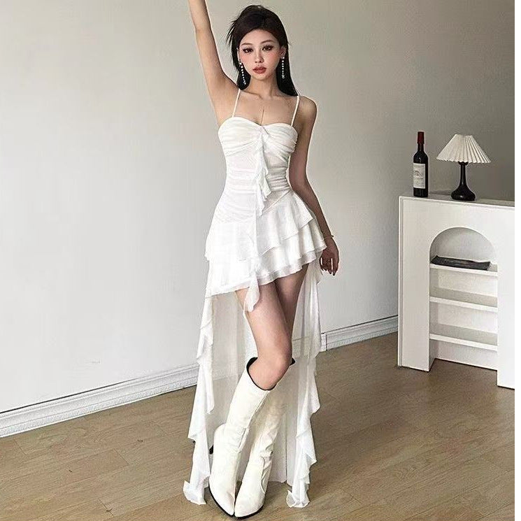 Summer French Super Fairy Pure Desire Ruffled Spaghetti Straps Dress For Women