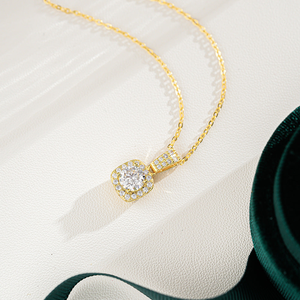 Sterling Silver Pendant Moissanite Necklace For Women Plated With 14K Gold