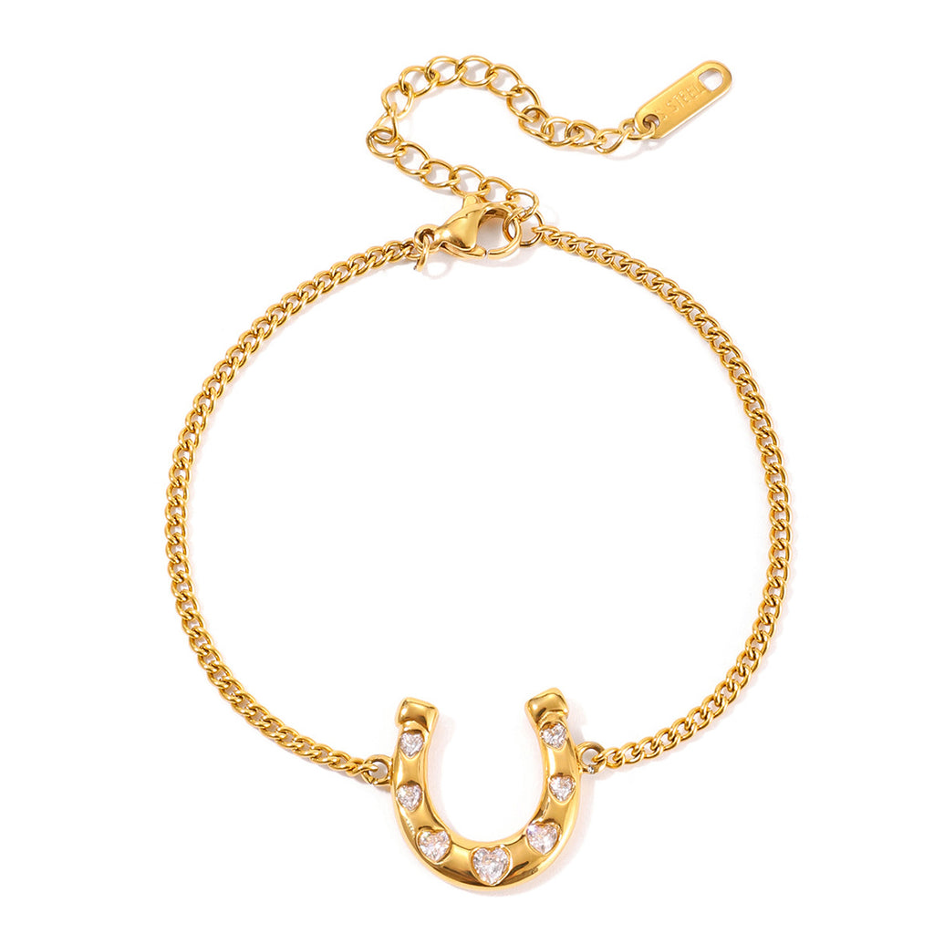 Stainless Steel Lucky Horseshoe Bracelet With White Accents
