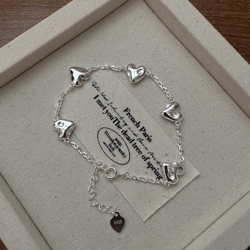 S925 Sterling Silver Textured Pleated Heart Bracelet