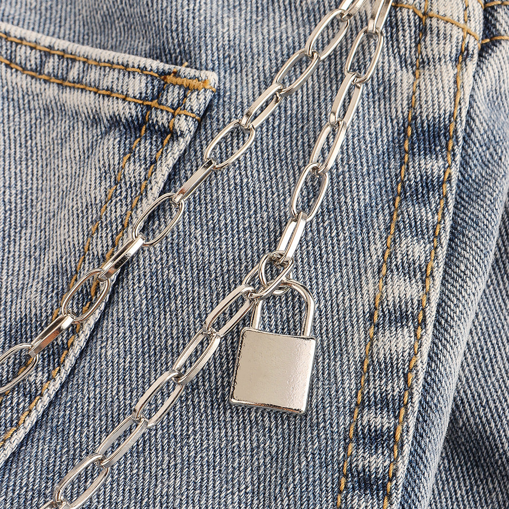 Double Metal Lockhead Chain With Silver Punk Hollowed-out for Unisex