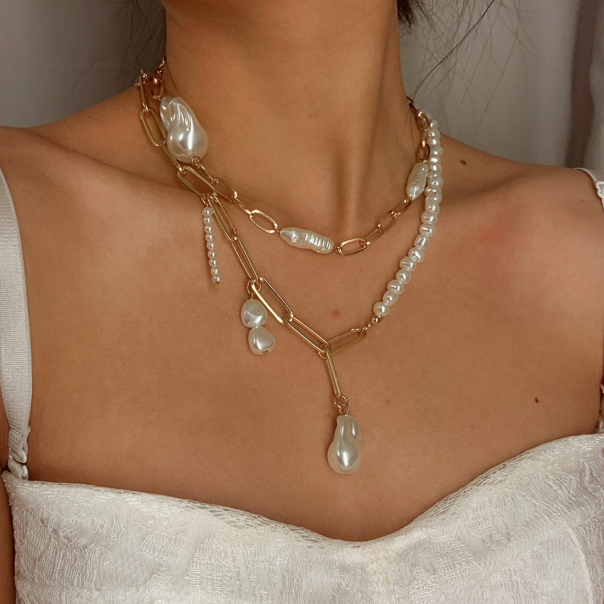 Baroque Shaped Pearl Irregular-chained Necklace