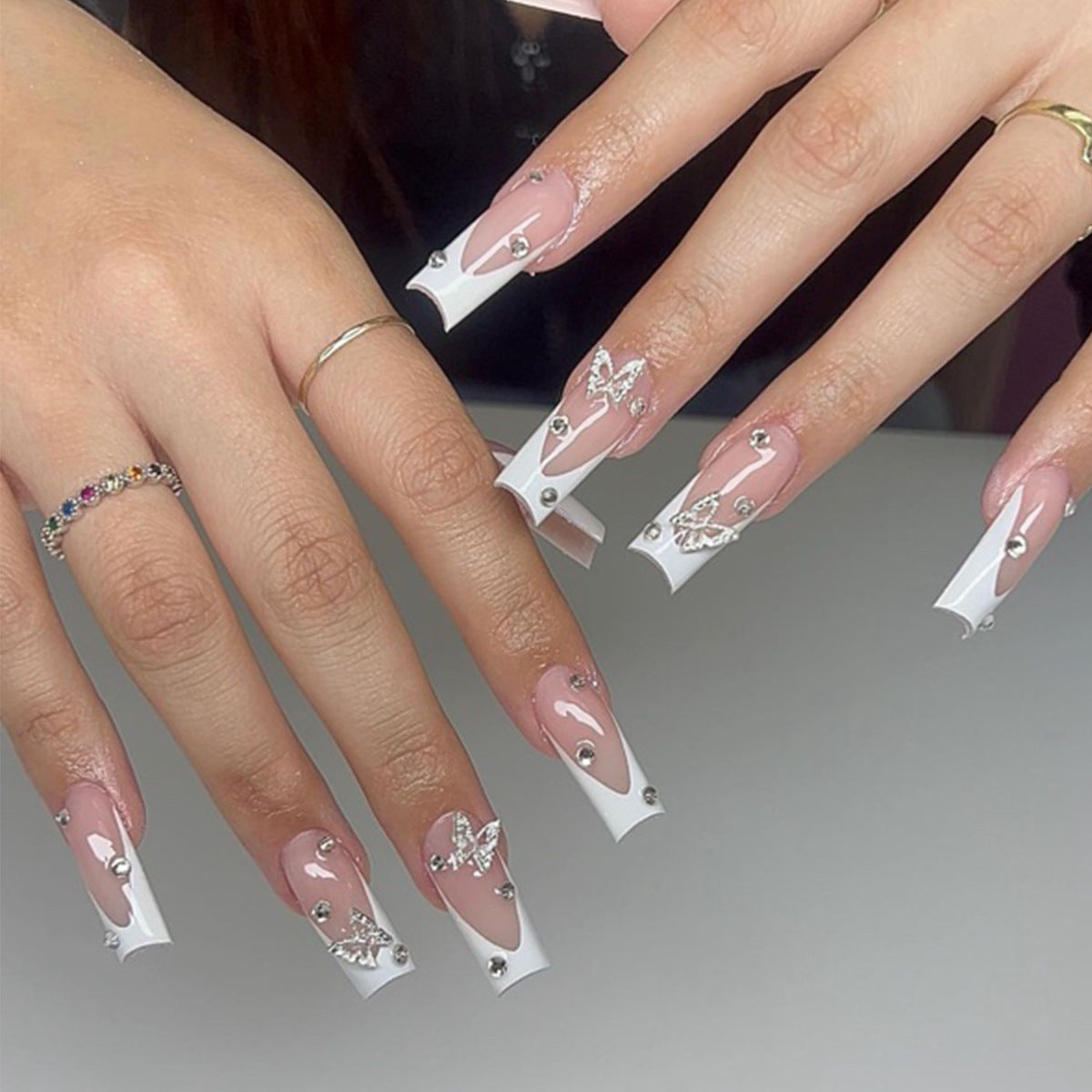 Wear Nail Finished White French Three-dimensional Butterfly Diamond