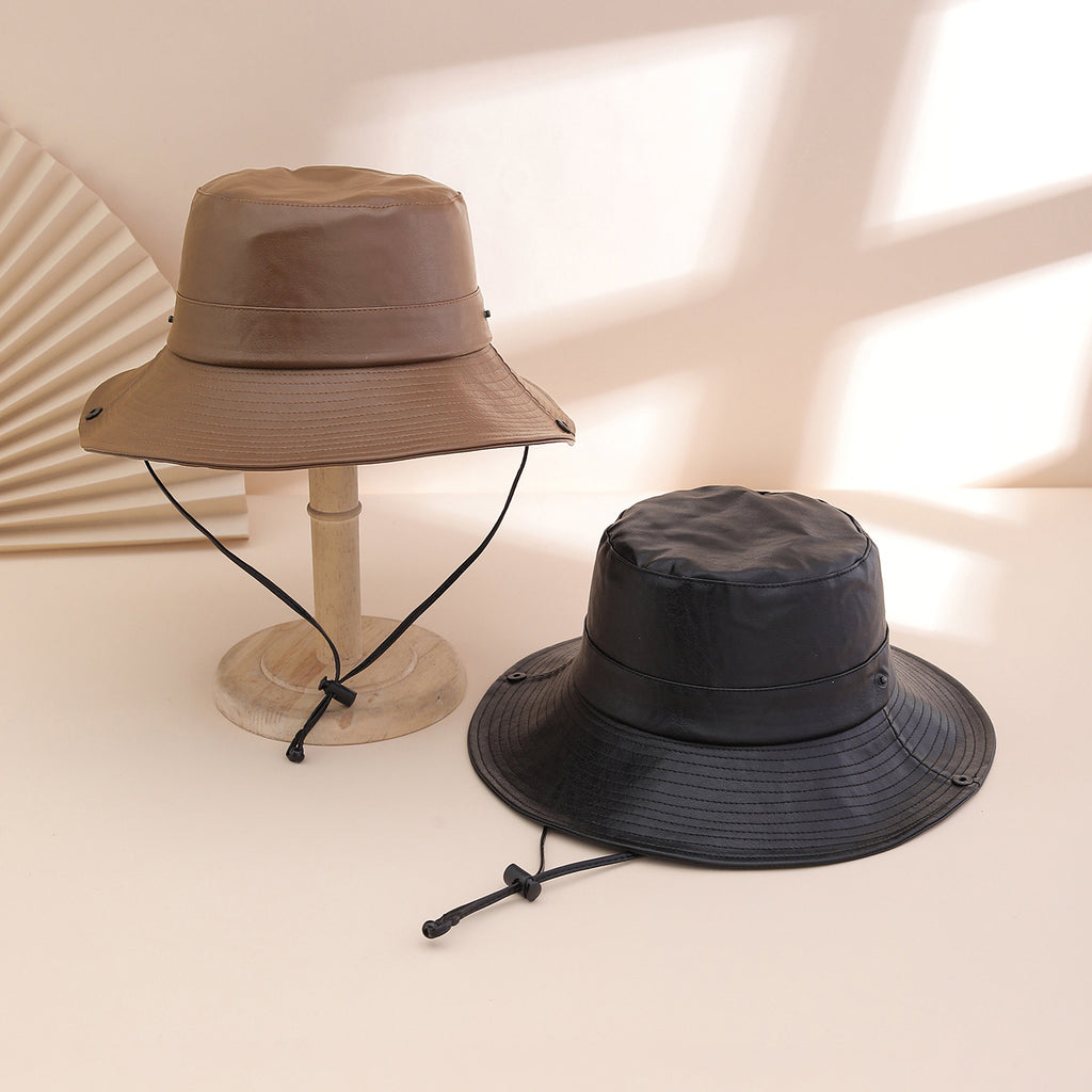 Solid-color Glossy PU Leather Windproof Wide-brimmed Sunshade, Sweet And Cool Street Style Fisherman's Hat, Daily Commuting, Outings, Shopping