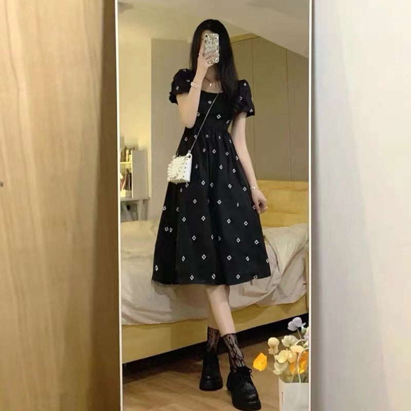 French-style Sweet Square-Neck Black Floral Print Dress