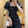 French-style Sweet Square-Neck Black Floral Print Dress