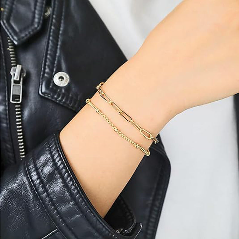 Dainty Gold Bracelets For Women, 14K Gold Filled Adjustable Layered Bracelet Cute Evil Eye Oval Chain Pearl Bar Turtle Gold Bracelets For Women Jewelry
