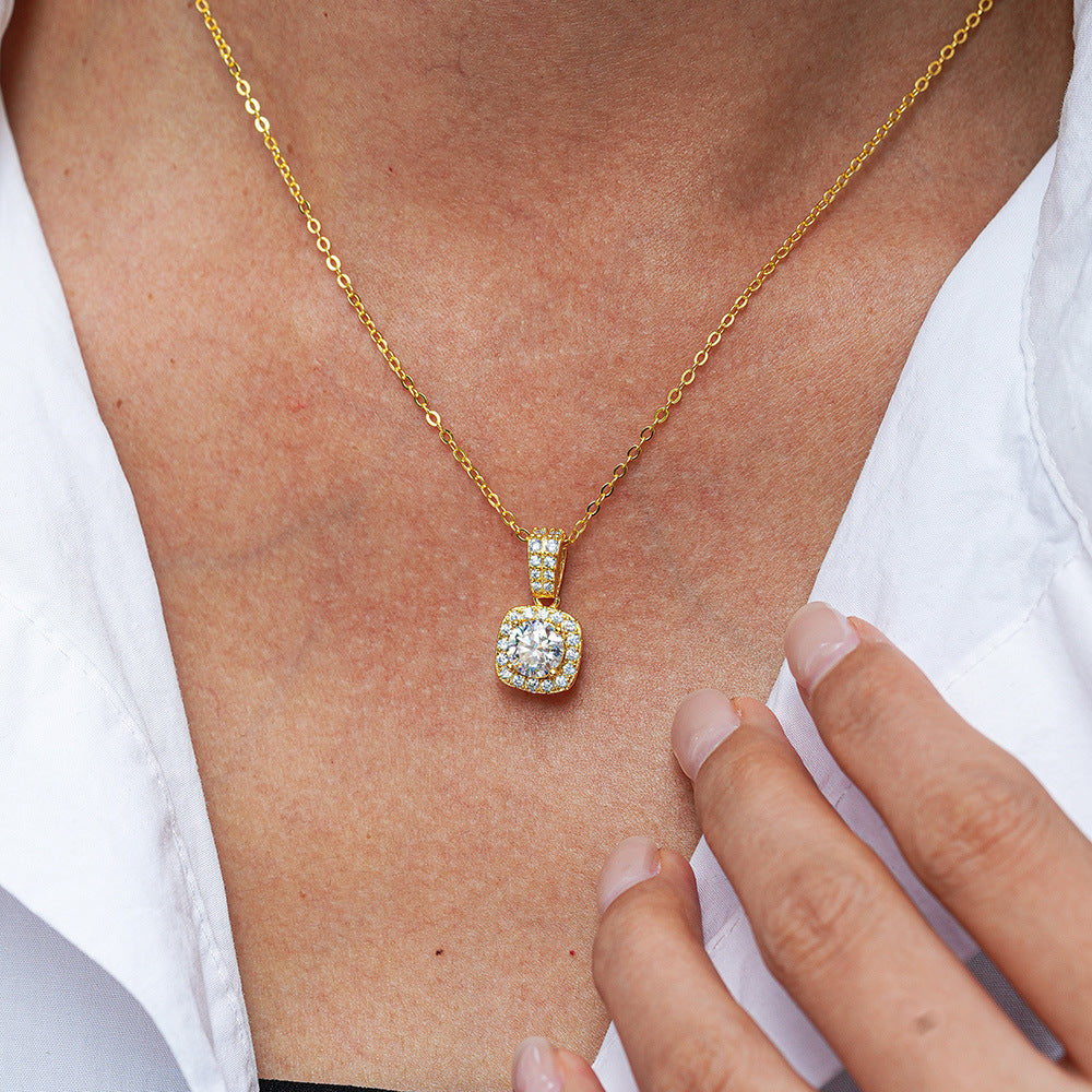 Sterling Silver Pendant Moissanite Necklace For Women Plated With 14K Gold