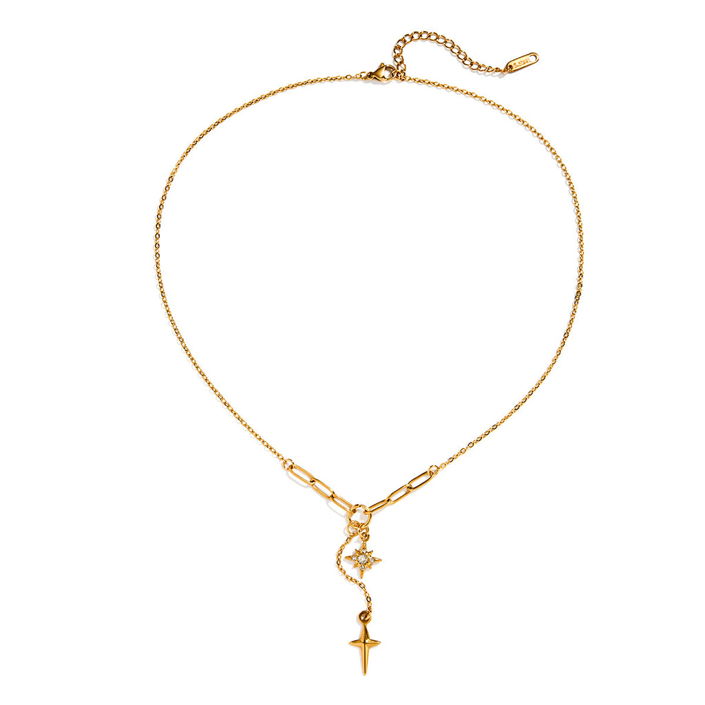 Classic Style 18K Gold Stainless Steel Necklace With White Diamond Eight-pointed Stars