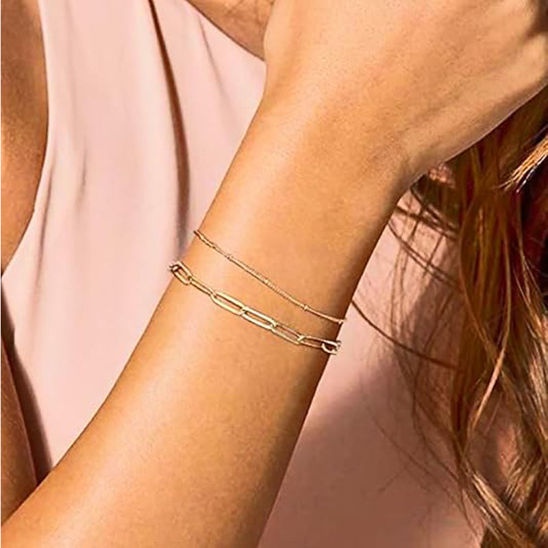 Dainty Gold Bracelets For Women, 14K Gold Filled Adjustable Layered Bracelet Cute Evil Eye Oval Chain Pearl Bar Turtle Gold Bracelets For Women Jewelry
