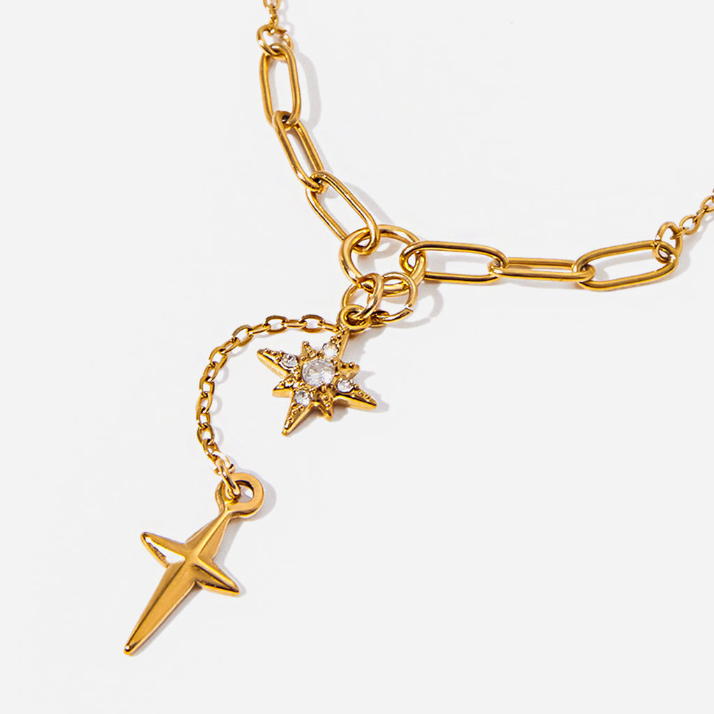 Classic Style 18K Gold Stainless Steel Necklace With White Diamond Eight-pointed Stars