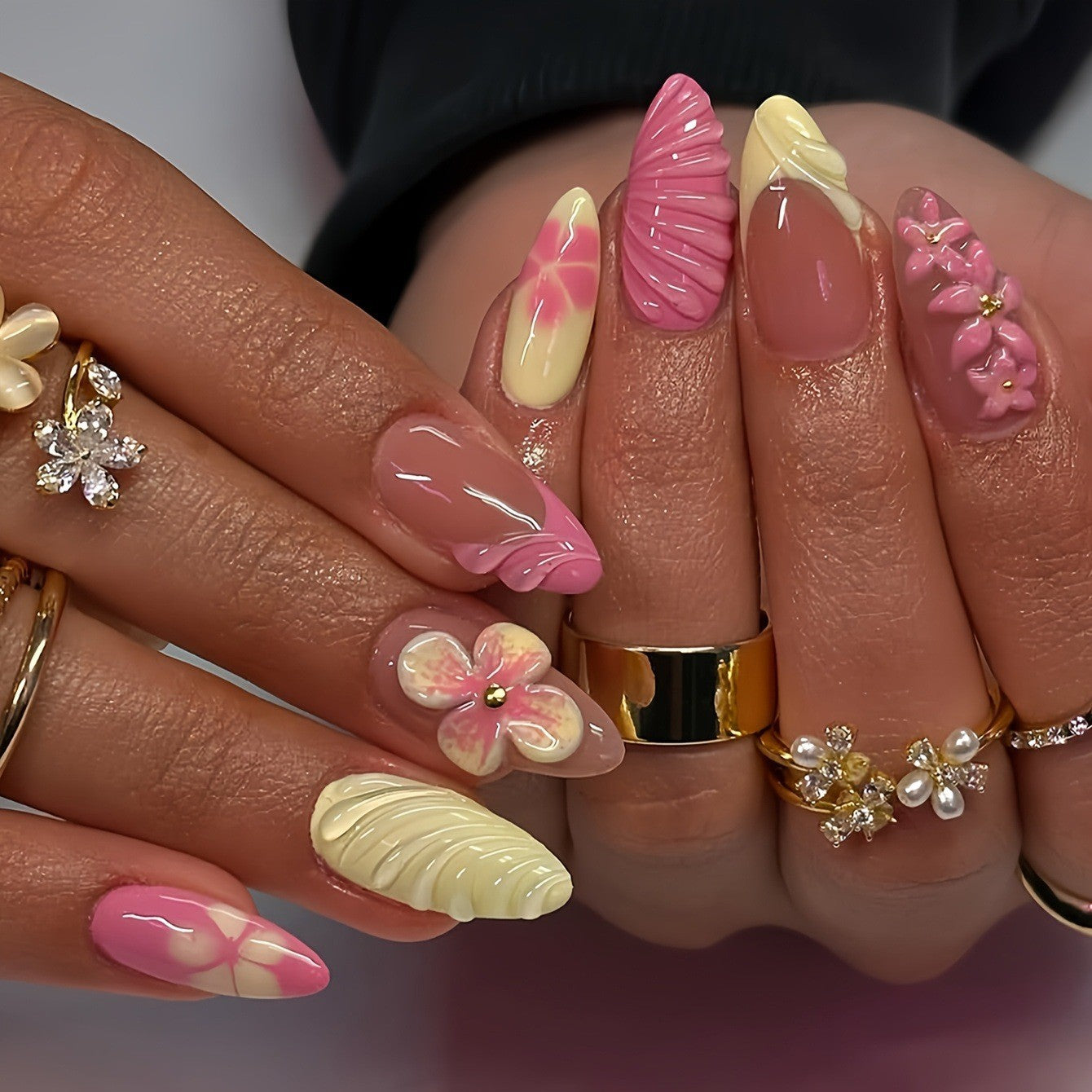 Summer Painted Flower Press-on Nails French Almond Style
