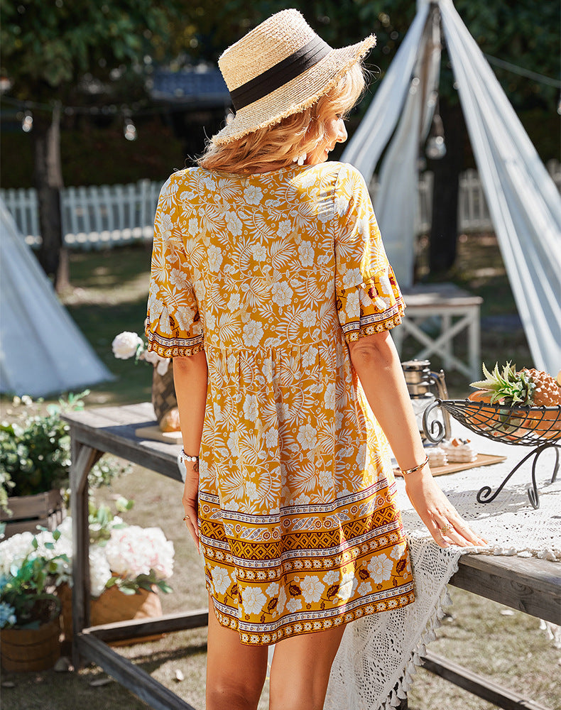 Women Casual Loose Floral Puff Sleeve Summer Dress