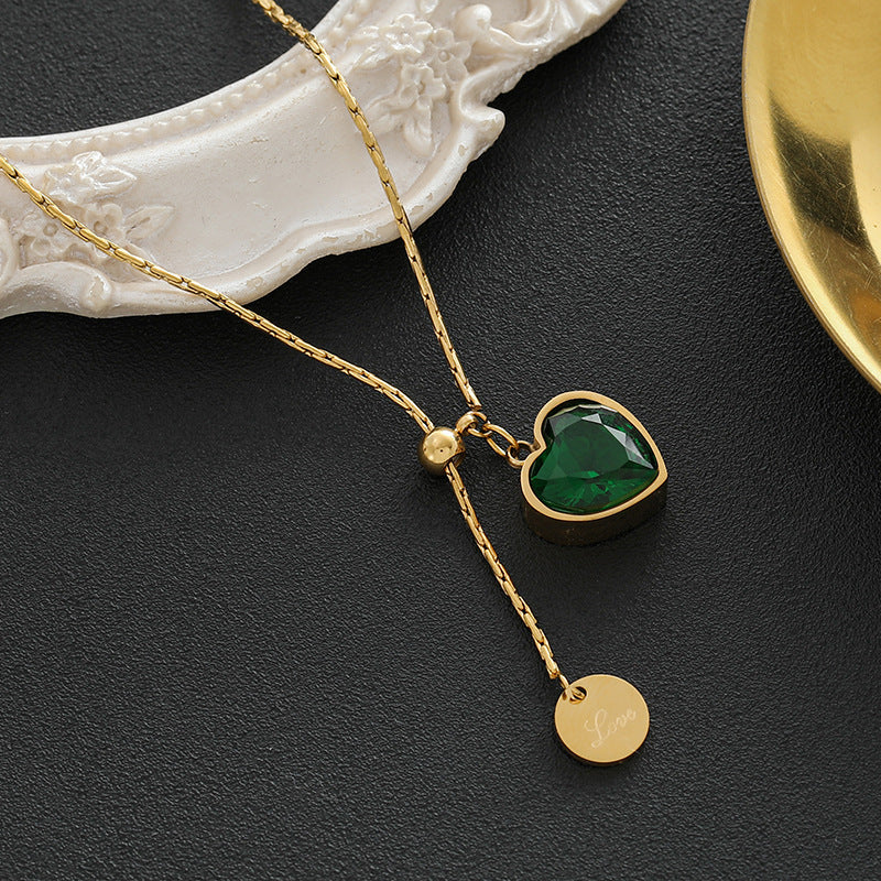 Emerald Diamond Heart Titanium Steel Necklace For Women