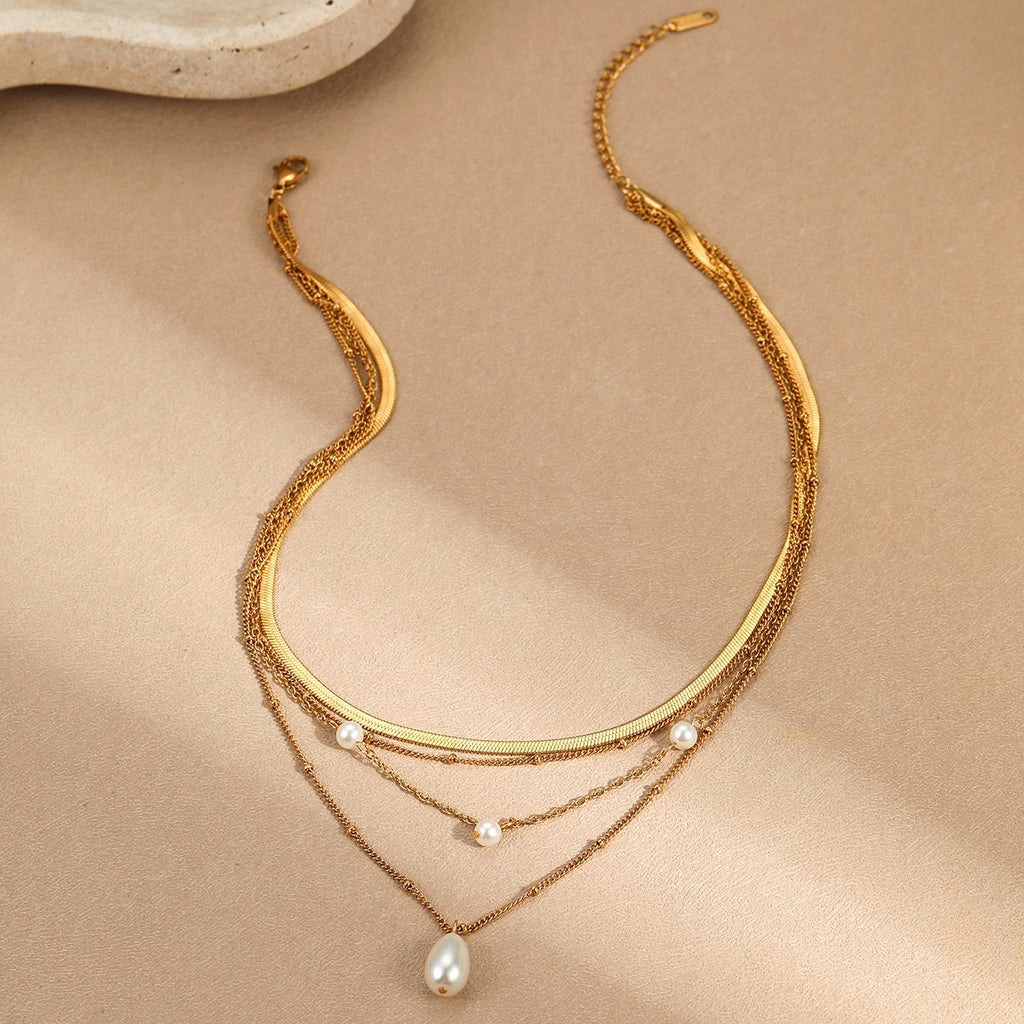 Water Drop Imitation Pearl Tassel Pendant Multi-layer Necklace For Women