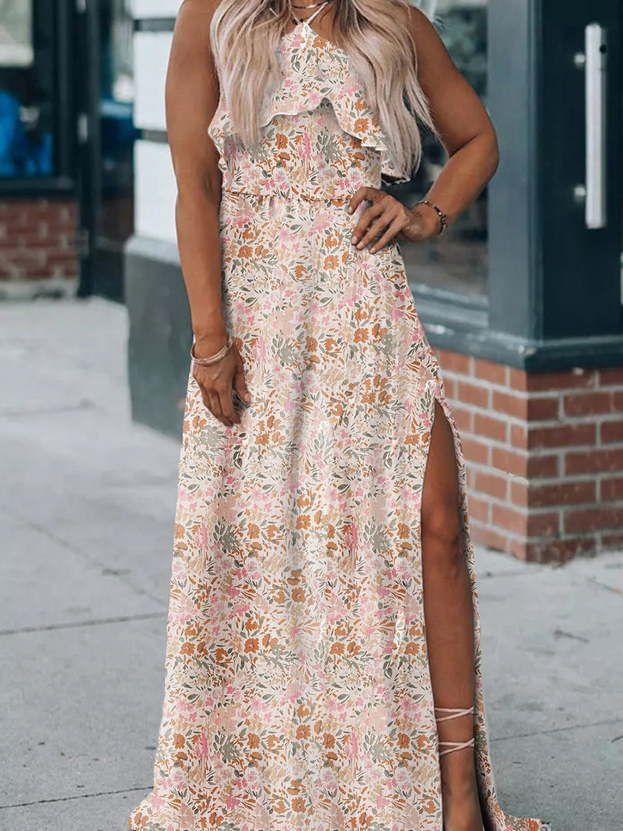 Summer Halter Dress Women Ruffled Floral Floral Print Slit Skirt