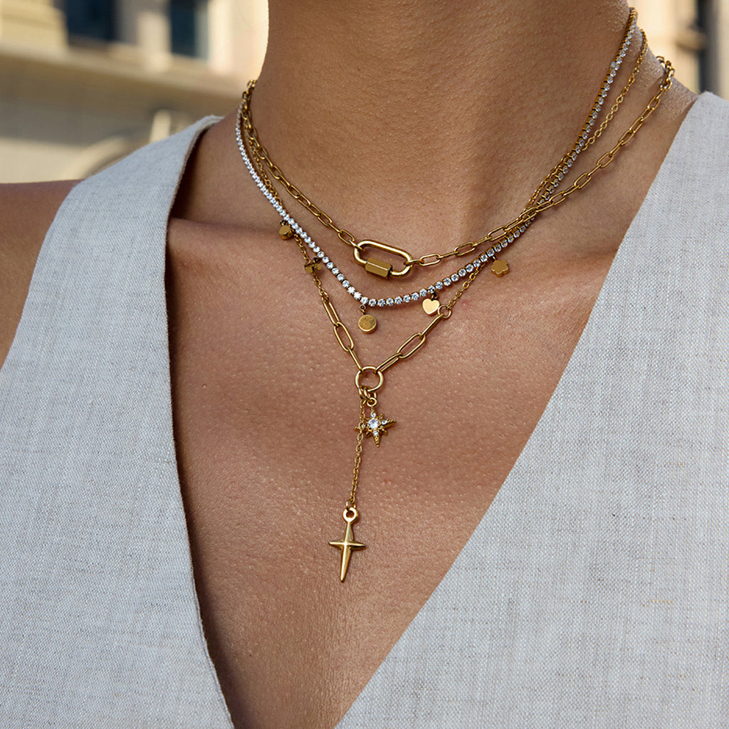 Classic Style 18K Gold Stainless Steel Necklace With White Diamond Eight-pointed Stars