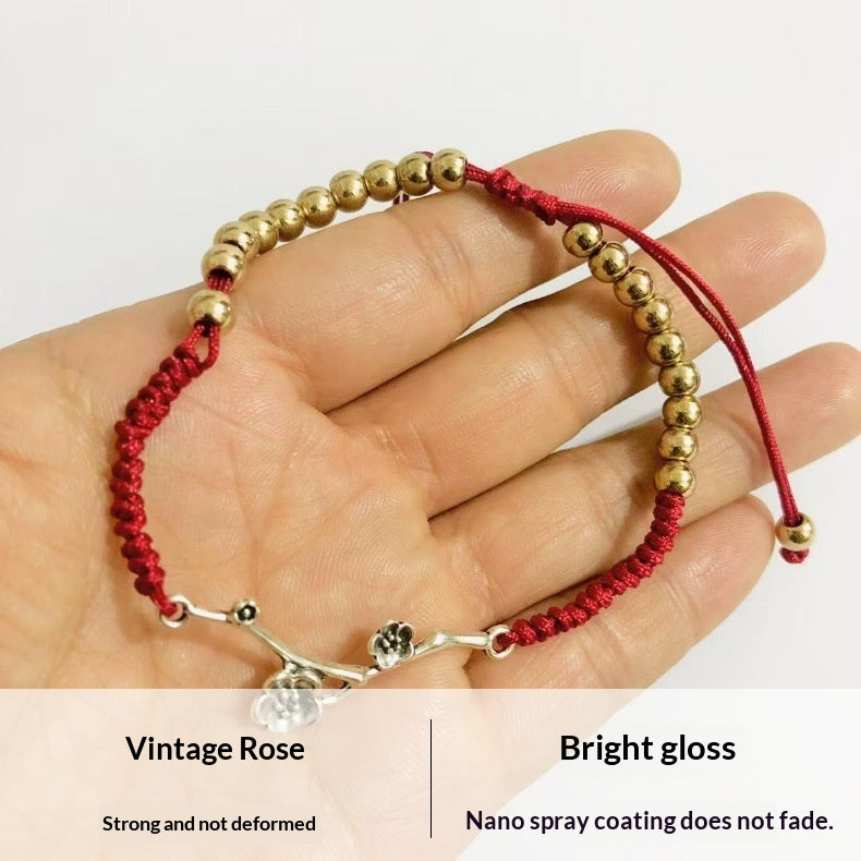 Retro Rose Flower Bracelet Hand-Woven Lucky Zodiac Year Friendship Cord