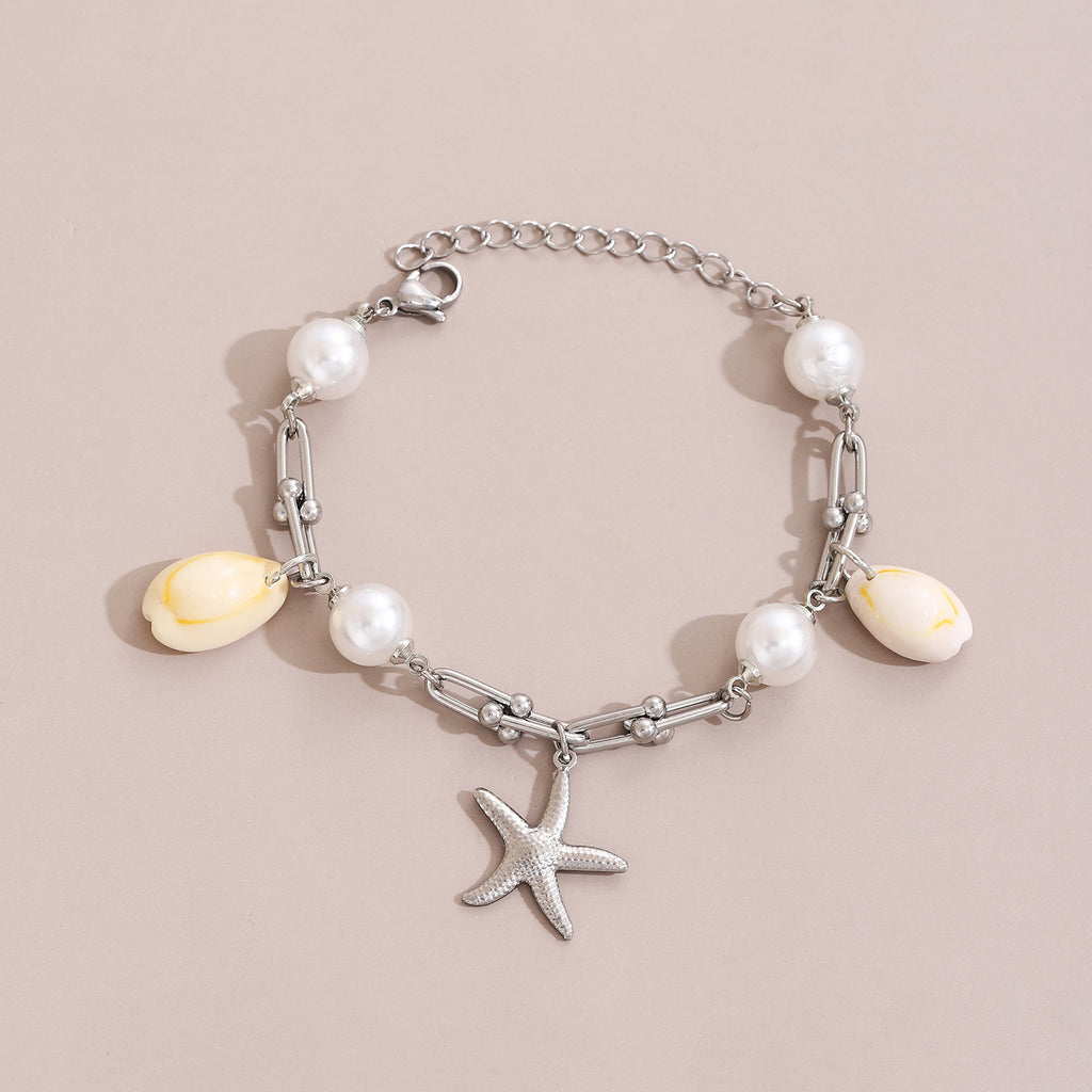 Starfish And Conch Pendant With Pearl, Stainless Steel Horseshoe Chain For Women