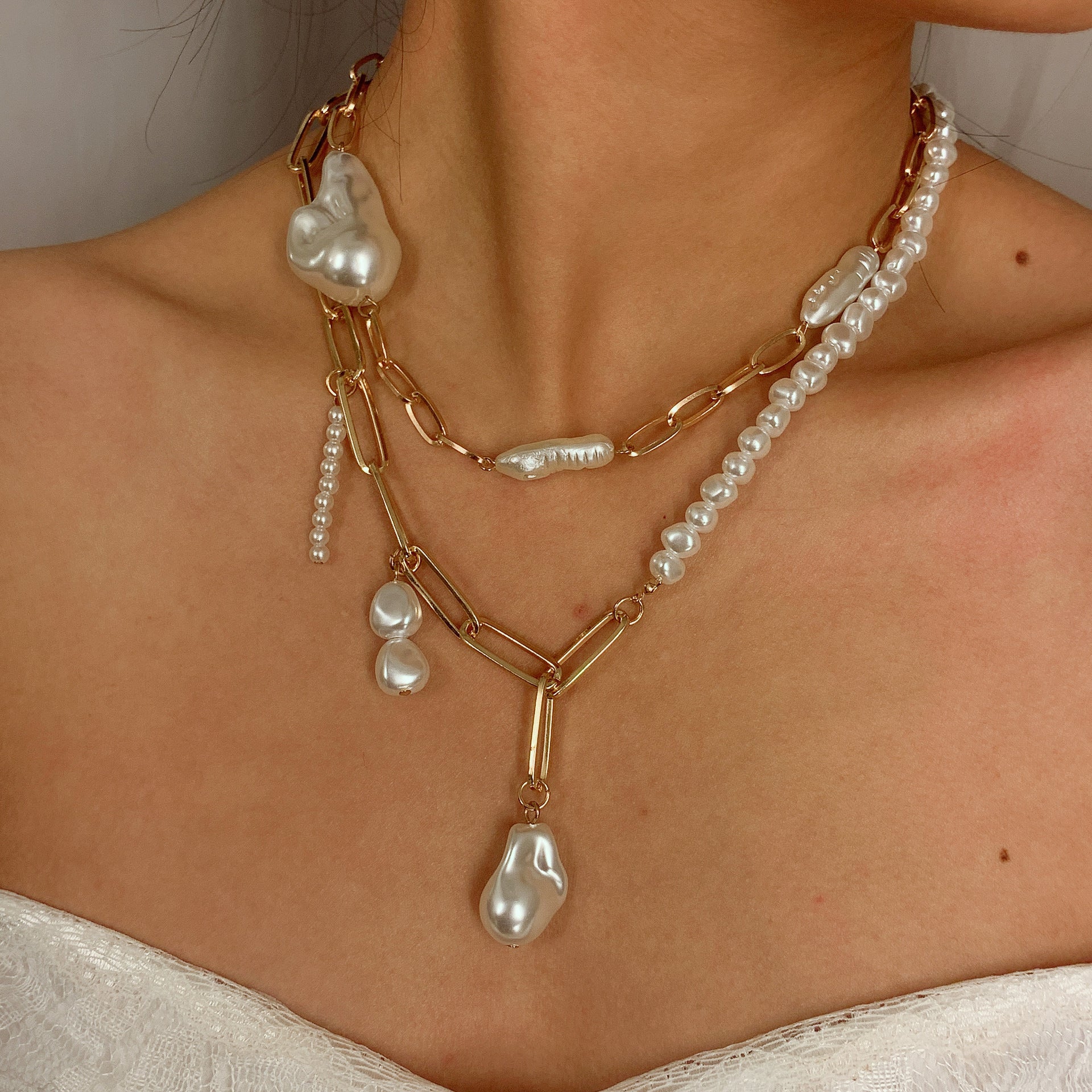 Baroque Shaped Pearl Irregular-chained Necklace