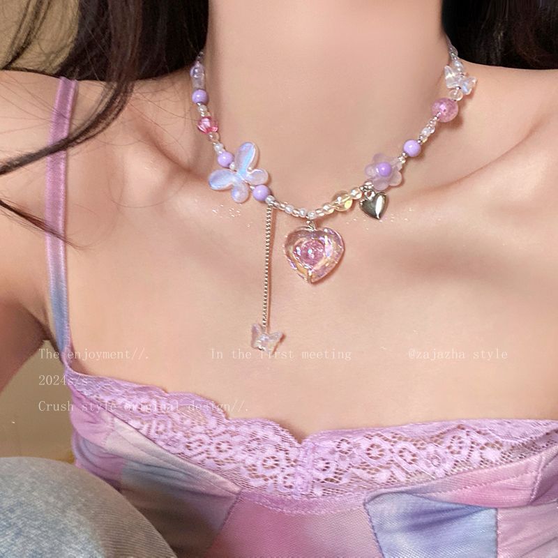 Color-Contrast Heart And Butterfly Beaded Necklace For Girls