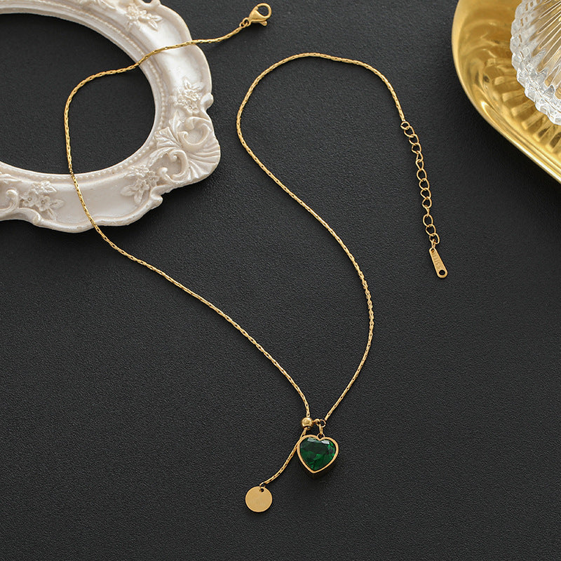 Emerald Diamond Heart Titanium Steel Necklace For Women