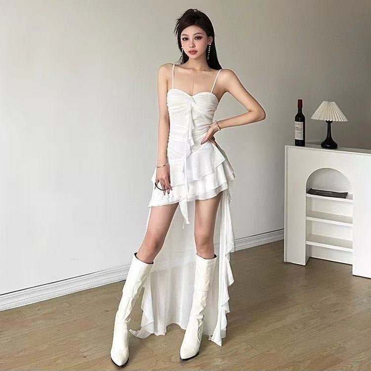 Summer French Super Fairy Pure Desire Ruffled Spaghetti Straps Dress For Women