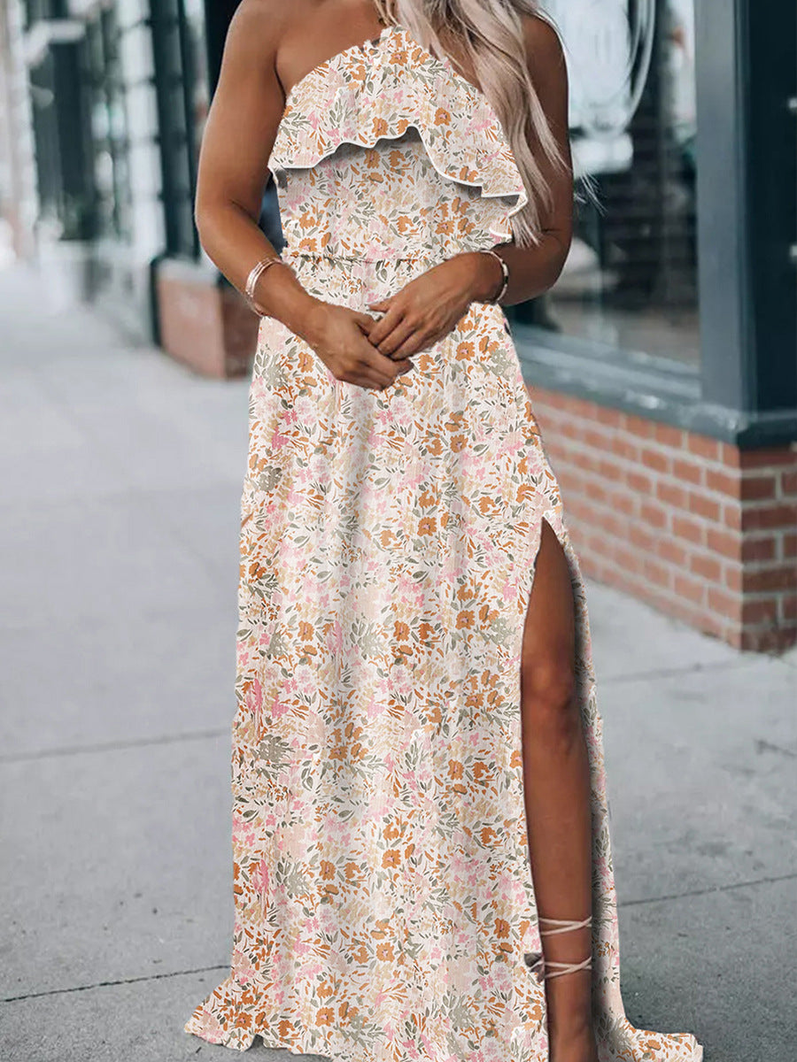 Summer Halter Dress Women Ruffled Floral Floral Print Slit Skirt
